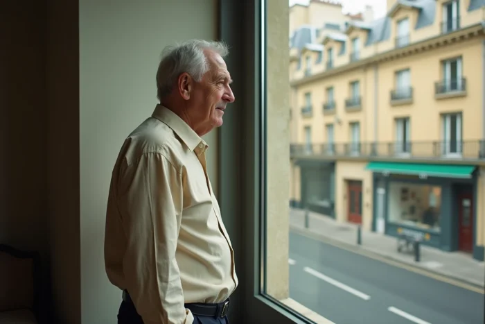 Journaliste âgé debout près d'une fenêtre parisienne, regard mélancolique symbolisant maladie, polémique et notoriété médiatique