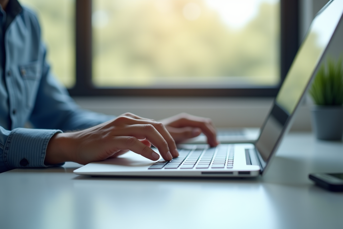 Mains tapant sur un clavier sans fil sur un bureau moderne