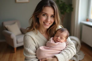 Jeune maman souriante avec bébé dans un salon chaleureux