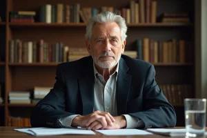 Portrait de Marc Menant dans son bureau, journaliste vieillissant à l'air pensif et sérieux, illustrant son état de santé et sa carrière médiatique