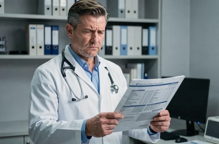 Médecin sceptique examinant un rapport médical sur le GCA 2700 dans une salle de consultation hospitalière