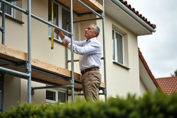 Homme mesurant la hauteur d'un échafaudage tubulaire sur une façade de maison