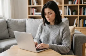 Femme naviguant sur le plan du site Série Live depuis un canapé moderne avec un ordinateur portable