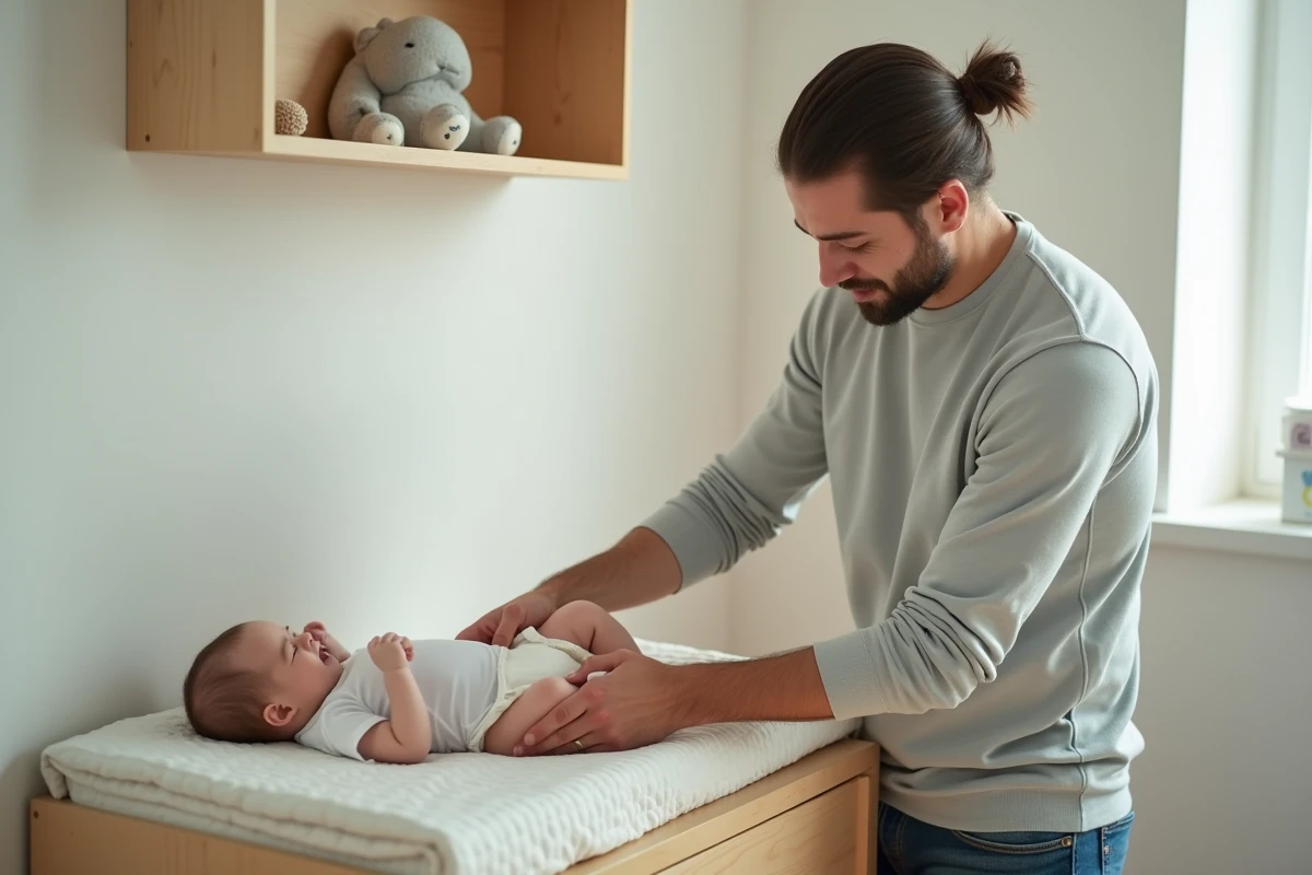 Papa changeant bébé dans une nurserie apaisante
