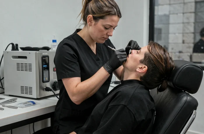 Perceur professionnel réalisant un piercing daith au cartilage de l'oreille dans un studio de piercing urbain moderne et hygiénique