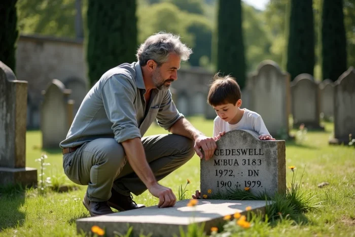 Père expliquant l'histoire familiale à son fils devant une tombe ancienne dans un cimetière de village français