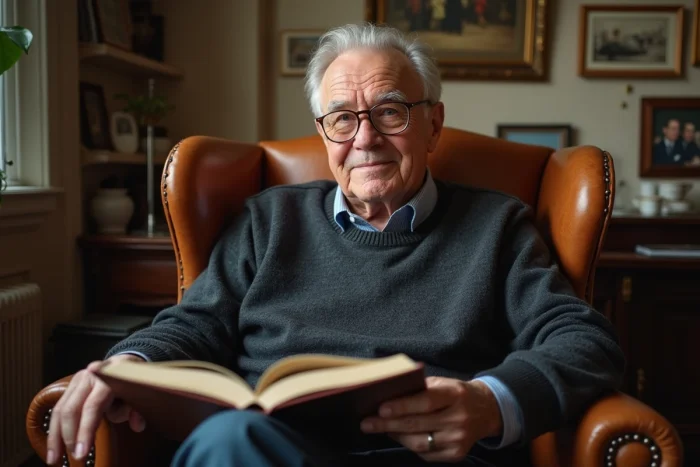 Personnalité médiatique senior lisant dans un fauteuil en cuir, atmosphère intimiste évoquant la santé fragile et la vie privée d'un journaliste célèbre
