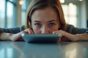 Personne observant discrètement un smartphone dans un bureau lumineux