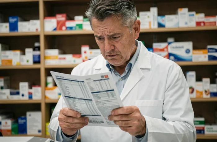 Pharmacien analysant attentivement la notice du médicament GCA 2700 avec une expression interrogative