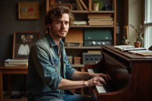 Homme au piano dans un studio cosy ambiance créative