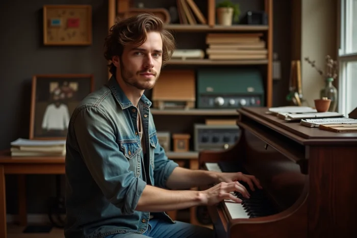 Homme au piano dans un studio cosy ambiance créative