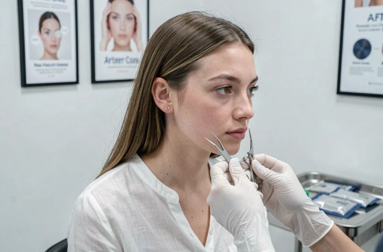 Jeune femme dans un salon de piercing professionnel se faisant examiner le cartilage de l'oreille par un perceur expérimenté portant des gants stériles