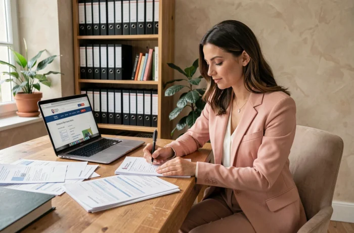 Femme organisant les démarches administratives pour un mariage civil depuis son domicile
