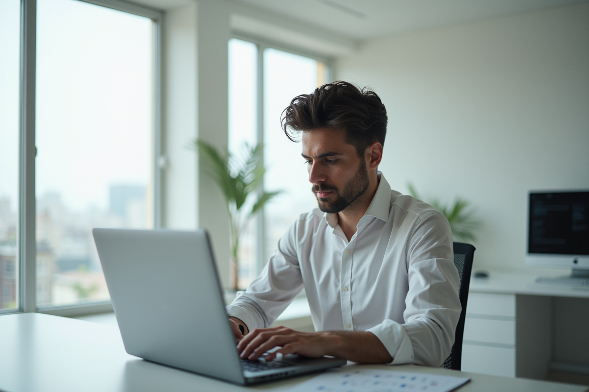 Professionnel concentré sur un laptop avec analytics RH