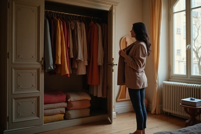 Femme réfléchissant à son rapport à la mode devant une armoire vintage remplie de vêtements colorés dans une chambre parisienne