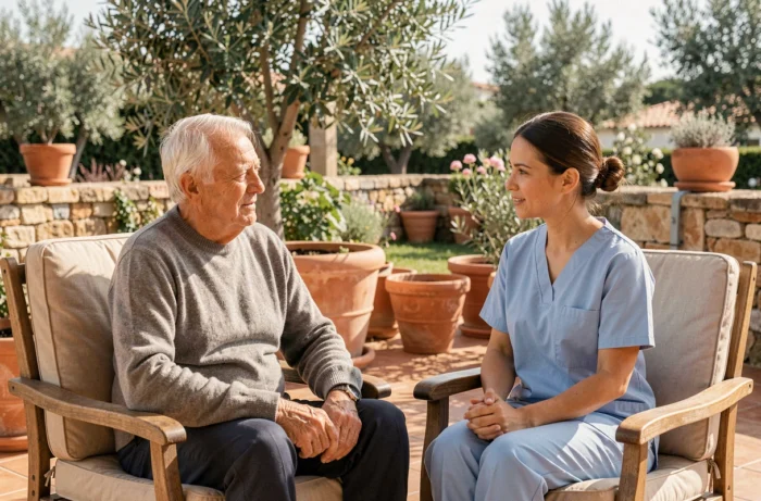 Résident âgé conversant avec une aide-soignante sur la terrasse d'un EHPAD avec jardin méditerranéen à Toulon
