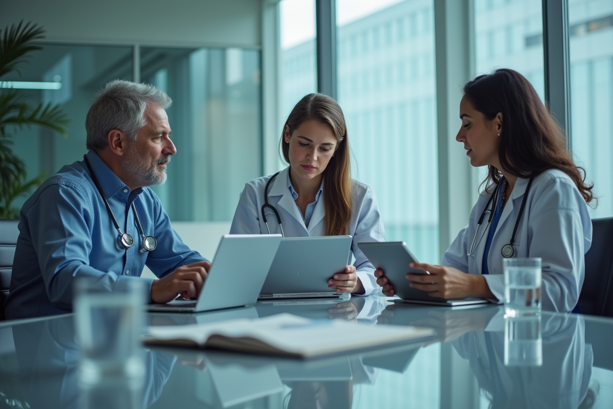 Trois administrateurs hospitaliers discutant autour d une table moderne