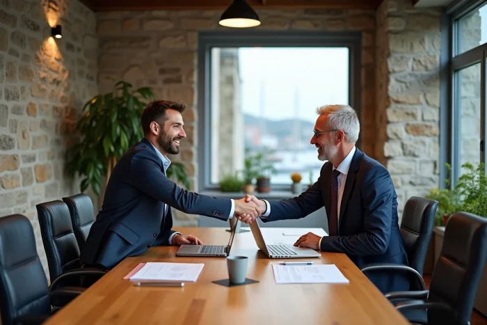 Réunion d'affaires entre investisseurs dans un espace de coworking à Brest avec vue sur le port, symbolisant le dynamisme économique breton