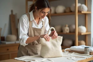 Femme appliquant un apprêt rigidifiant sur un sac au crochet en coton dans un atelier artisanal
