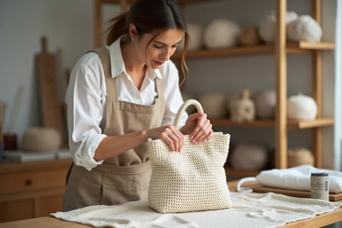 Femme appliquant un apprêt rigidifiant sur un sac au crochet en coton dans un atelier artisanal