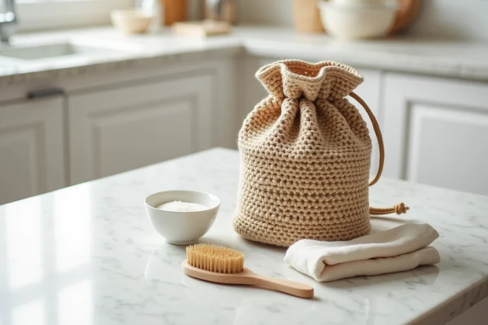 Sac au crochet en jute rigidifié à l'amidon posé sur un plan de travail en marbre avec les accessoires de traitement