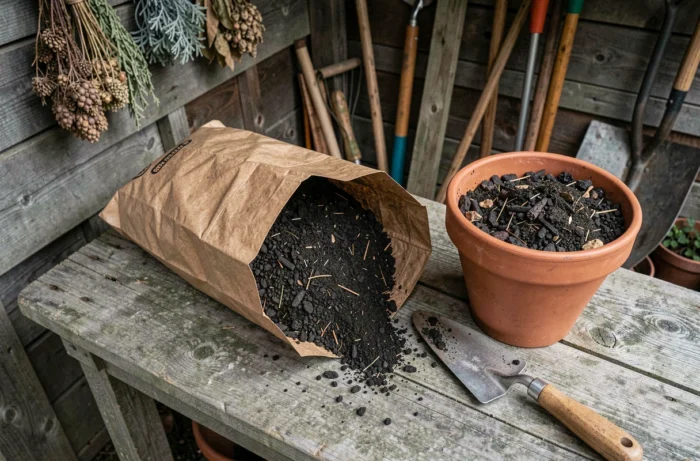 Sac de tourbe ouvert et truelle sur une table de rempotage en bois rustique dans un jardin