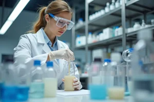 Scientifique femme en laboratoire cosmétique en train de mélanger des formules