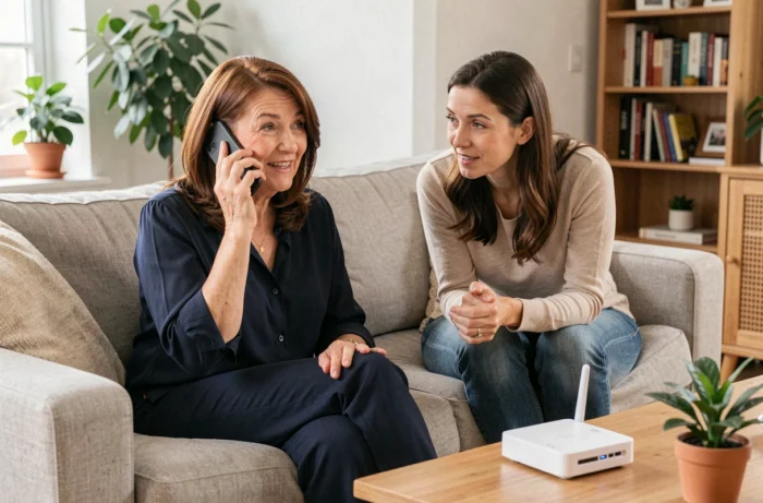 Senior femme et sa fille discutant du choix d'une téléassistance avec la mutuelle dans un salon familial