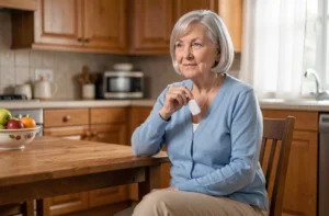 Senior femme pressant son bouton de téléassistance autour du cou dans une cuisine chaleureuse