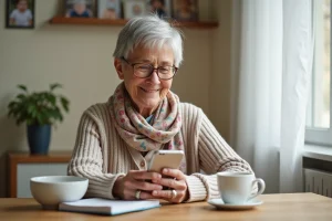 Femme senior souriante utilisant un téléphone WhatsApp