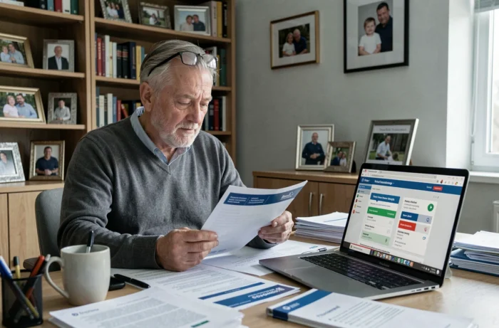 Senior homme comparant des offres de téléassistance et de mutuelle sur ordinateur portable à son bureau
