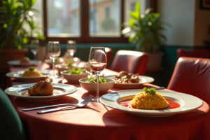 Table de trattoria milanaise avec plats traditionnels