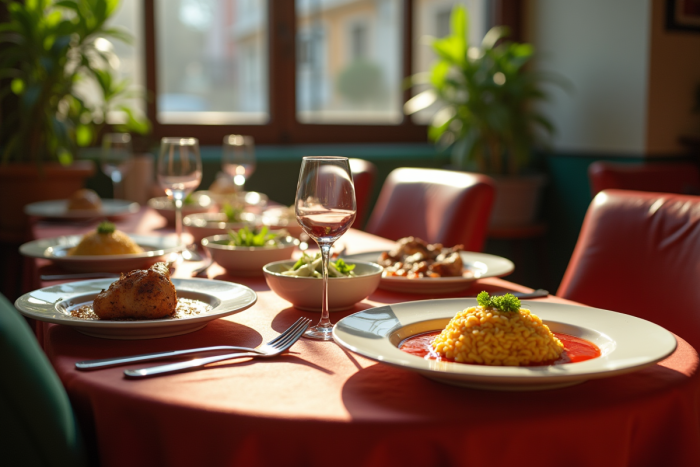 Table de trattoria milanaise avec plats traditionnels