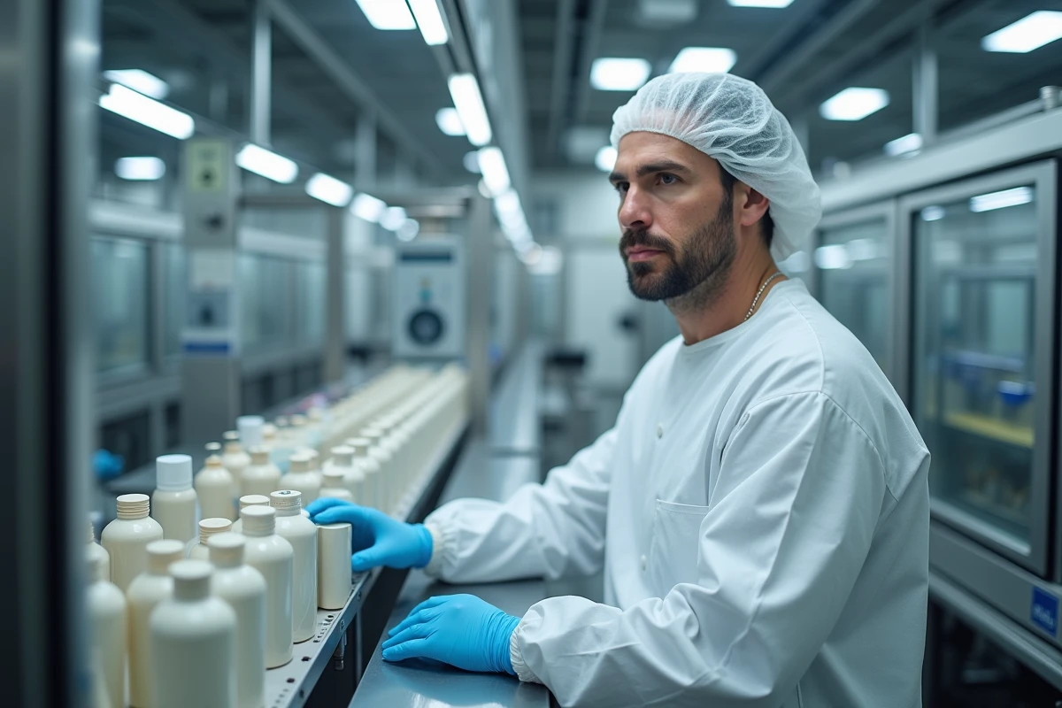 Technicien homme surveillant une ligne de production de soins de luxe