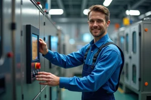 Technicien en overalls bleus vérifiant un panneau de contrôle industriel