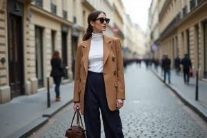 Femme élégante en blazer camel et pantalon large dans une rue parisienne, tendances mode automne-hiver