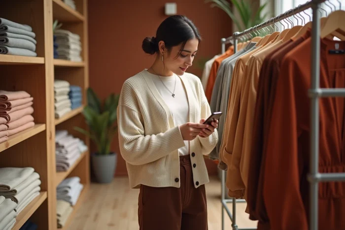 Jeune femme tendance en cardigan crème et pantalon large chocolat explorant un concept store de mode contemporain