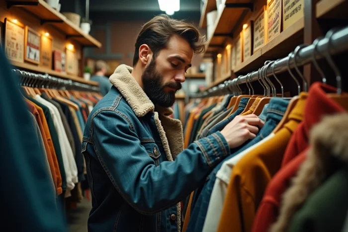 Jeune homme explorant des vêtements vintage dans une friperie urbaine, illustrant la relation entre mode durable et tendances actuelles