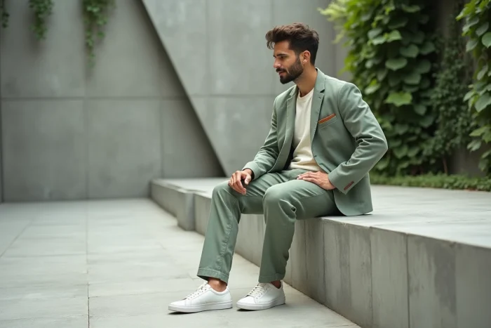 Homme en costume lin vert sauge et sneakers blanches assis dans une cour urbaine minimaliste, style mode masculine tendance