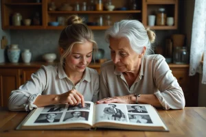 Grand-mère et petite-fille feuilletant ensemble un album photo de famille pour transmettre l'histoire familiale