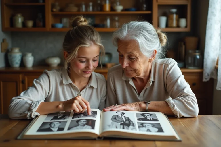 Grand-mère et petite-fille feuilletant ensemble un album photo de famille pour transmettre l'histoire familiale