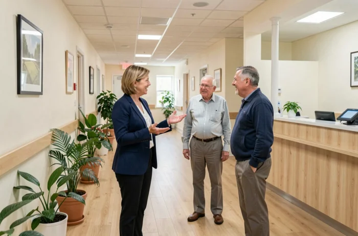 Visite guidée d'un EHPAD à Toulon avec une coordinatrice présentant les installations à une famille
